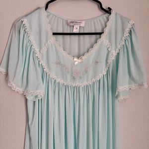Miss Elaine Silk Essence BLUE Long Nightgown Short Sleeves Lace Embroidered M - Foto 1 di 10