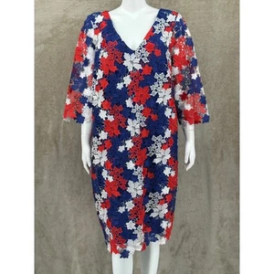 Eloquii Dress Womens Plus 20 Red White Blue Floral Lace Shift V-Neck Patriotic - Picture 1 of 11
