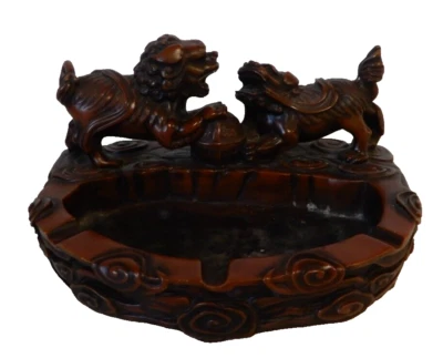 RARO Cenicero Estatua Perros Foo Lucha Perros Taiwán Rojo Caoba Foto 1 de 4