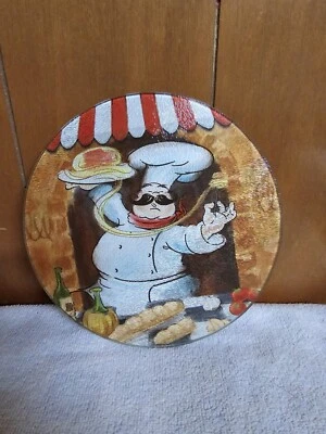 Round Glass Cutting Board / Trivet, app. 8", FAT CHEF WITH TRAY & BREADS - Image 1 of 4