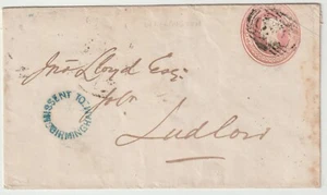 1850 1d PINK ENV WELLINGTON SALOP TO LUDLOW BUT HANDSTRUCK MISSENT TO BIRMINGHAM - Picture 1 of 2