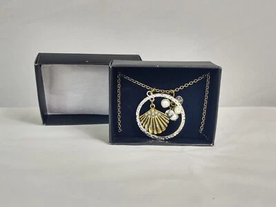 Avon Two-Tone Chain Necklace Shell Faux Pearls Crystals Pendant Costume Jewelry  - Image 1 of 4