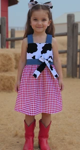 Western Wear Country Cowgirl Farm Red Gingham Cow Denim Dress - Picture 1 of 3
