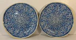 Cynthia Rowley Blue 3D Medallion Melamine 9.5 in Plates Yellow Accents Set of 2 - Picture 1 of 13
