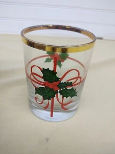 Vintage Set of 4 MCM Double Old Fashioned Rocks Holly Christmas Glasses Gold Rim - Picture 1 of 8