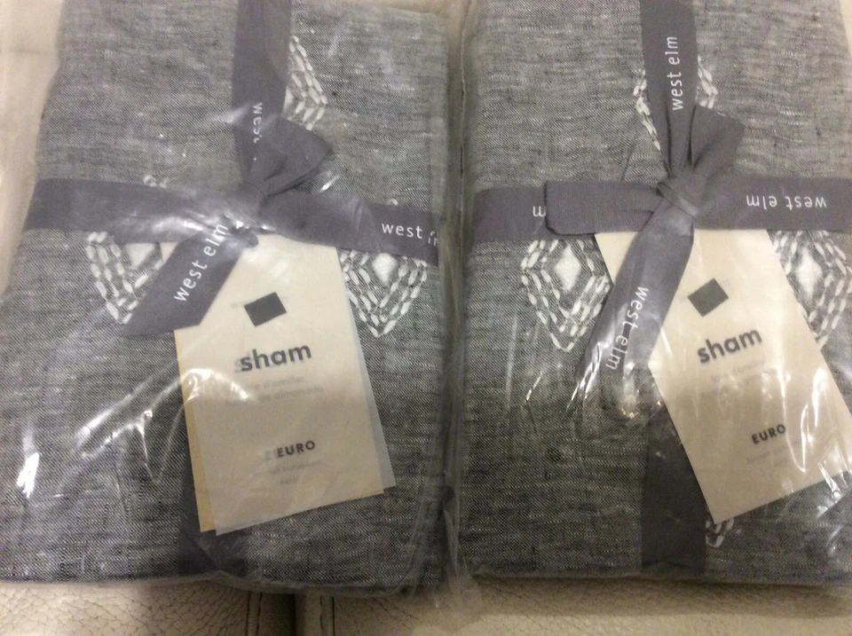 West Elm Two (2) European Flax Linen Ladder Stripe Embroidery Shams Slate Gray  - Image 1 of 1