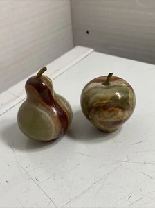 Vintage Natural Stone Onyx Marble Lot of 2 Apple & Pear Brass Stem Fruit 1” - Picture 1 of 1