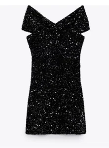 Zara Dress Women’s Sz Large Black Sequin Velvet Short Mini HOCO dance Party - Picture 1 of 9