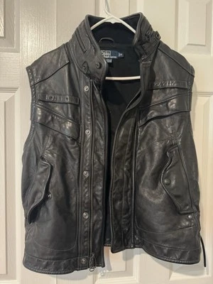 ВИНТАЖНЫЙ кожаный мотоциклетный жилет Polo Ralph Lauren мужской M черный байкерский 80-е 90-е - Изображение 1 из 4