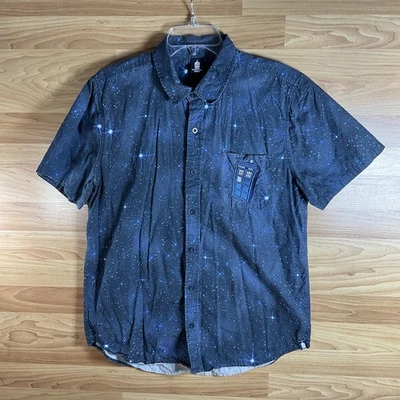 BBC Doctor Who Hot Topic Blue Tardis All Over Stars Button Up Shirt Mens Size M - Image 1 of 4