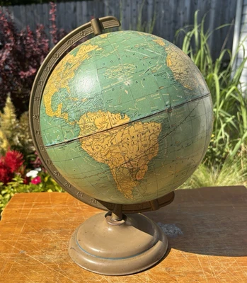 Globo Terrestre Universal Crams de Colección 10" Años 40-50 Verde Amarillo Metal Soporte EE. UU. Foto 1 de 4