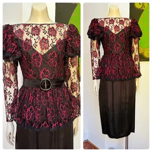 80s vintage Mr K red black lace satin peplum dress S - Picture 1 of 11