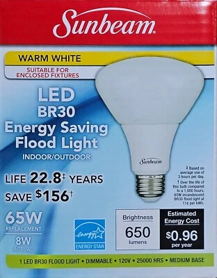 Sunbeam White LED BR30 65W Flood Light Bulb | Indoor/Outdoor & Dimmable | NEW - Image 1 of 4