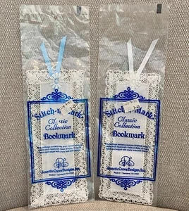 2 Stitch N Mark Bookmark Jeanette Crews White Aida Lace White/ Blue Ribbon - Picture 1 of 4