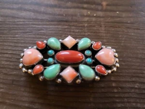 Vtg Sterling Silver Multi Stone Pin By Leo Feeney for Don Lucas Turquoise Coral - Picture 1 of 9