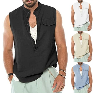 Men Sleeveless Collarless Linen Shirt Pull-On Summer Top Half Button Placket US - Picture 1 of 16