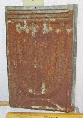 vintage galvanized embossed tin shingle Barn roof, rusty country, 14 x 9.25 - Image 1 of 4