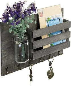 MyGift Vintage Grey Wood Wall Mounted Mail Holder with 6 Key Hooks & Mason Jar - Picture 1 of 6
