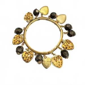 Betsy Johnson Heart Charm Stretch Bracelet Antique Brass Finish - Picture 1 of 5