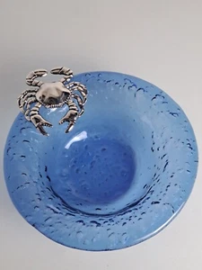 VTG. MUD PIE Ocean Dark Blue Glass Coastal Small 7" Serving Bowl Metal Crab RARE - Picture 1 of 6