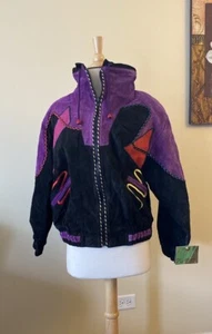 NWT 80s Colorful Suede Leather Bomber Jacket  - Picture 1 of 9