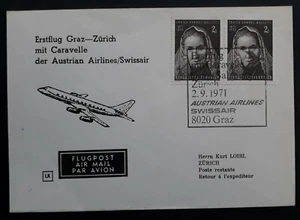 1971 Austria 1st Flight Caravelle Swissair Graz to Zurich Cover ties 2 stamps - Bild 1 von 2