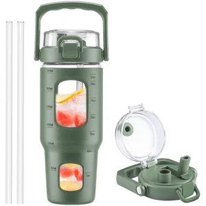 32oz Glass Water Bottle with Handle and Straw|Leakproof Sports Glass Bottle w... - Picture 1 of 7