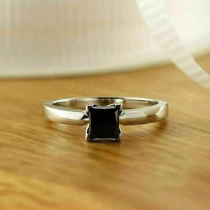 1. 5Ct Lab Created Princess Black Diamond Engagement Ring 14K White Gold Finish - Picture 1 of 3