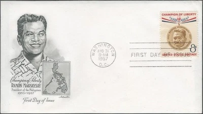Scott 1096 FDC - 8 cent - 1957 - Ramon Magsaysay - Philippines President - FDOI - Image 1 of 2
