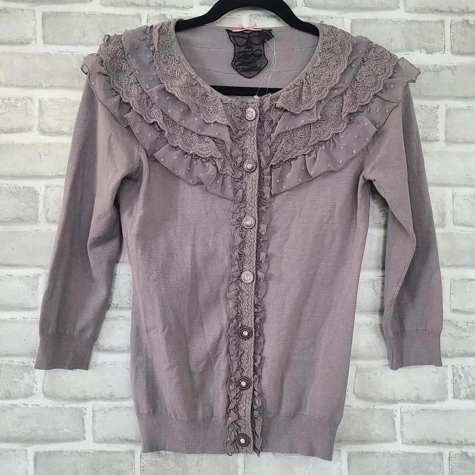 Twelve by Twelve Cardigan Sweater Gray Ruffled Lace Small Whimseygoth Romantic - Image 1 of 4
