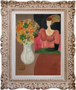 Andrée SAUNIER (1925-2015) Belle peinture la femme au bouquet 1950 (33)