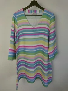 Sahara Tunic 100% Linen Pastel Rainbow Stripe Long top Size 2 UK 12 V-neck - Picture 1 of 15