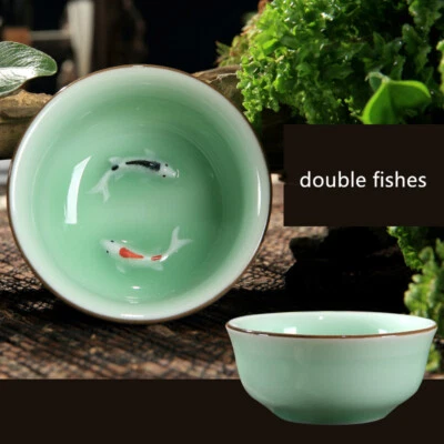 UNMARKED 2pcs/lot Chinese Celadon Tea Set Pottery Tea Cup 55ml Fish Design Fine China New