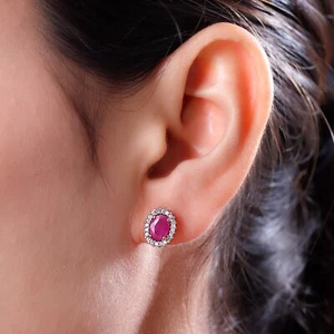 Ruby Studs, July birthstone earrings, 925 Silver Stud , Halo Stud Earring, Oval - Picture 1 of 12