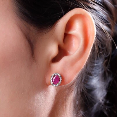 Ruby Studs, July birthstone earrings, 925 Silver Stud , Halo Stud Earring, Oval - Image 1 of 4