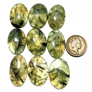 9 Pcs Natural Tourmalated Prehnite 26.7mm-31mm Oval Cabochon Loose Gemstones Lot - Picture 1 of 16