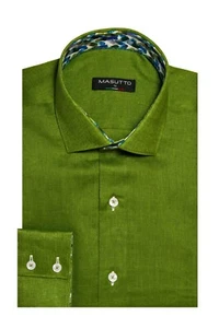 Linen MASUTTO Shirt Men Small / S Long Sleeve Button Up Green - Picture 1 of 2