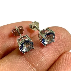 6MM Round Tanzanite Stud Earrings Sterling Silver 925 – Dainty Gift for Women - Picture 1 of 9