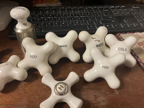 Vintage Lot PORCELAIN KNOB HANDLES Hardware  Bathroom Sink Faucet Waste No Res Cover