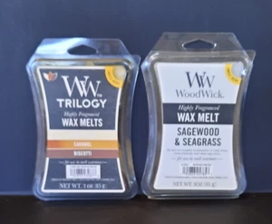 WOODWICK 2 PACK CARAMEL BISCOTTI & SAGEWOOD & SEAGRASS WAX MELTS SEALED - Picture 1 of 5