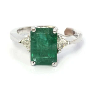 4 ctw Natural Green Emerald Diamond Solid 14k White Gold 3 Stone Engagement Ring - Picture 1 of 8