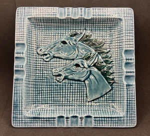 Mid Century Horse Pottery Ashtray Blue 1960s Ceramic Ashtray With Two Horses - Picture 1 of 11