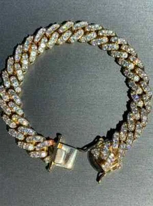 Men's Miami Icy Cuban Link Bracelet Solid 925 Sterling Yellow Gold Plated Band - Picture 1 of 10