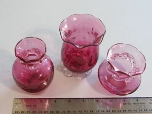 Vintage Cranberry Pink Glass Vases - 3 with Rigaree Collar - Picture 1 of 3
