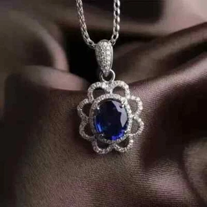 2Ct Oval Lab-Created Blue Sapphire Halo Pendant 14k White Gold Plated 18" Chain - Picture 1 of 4