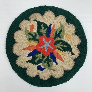 Vintage 13" Round Hooked Table Chair Stool / Mat Pad Rug / PINE GREEN w/FLORAL - Picture 1 of 7