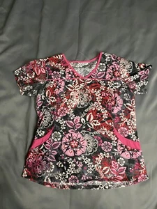 UA SCRUBS Red Pink Black Floral Uniform Scrub Top NO TAGS SEE PHOTOS - Picture 1 of 5