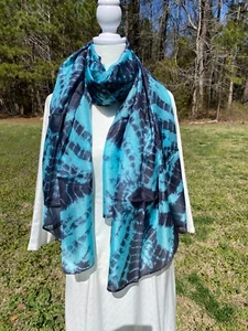 100% Pure Mulberry Silk Scarf, Long Real silk Shawl, Blue Black Color, No Fringe - Picture 1 of 4