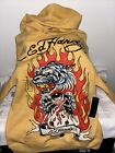 Ed Hardy Sweater Mens Small Yellow Hoodie Retro Tiger Eagle Pullover Fire Flames