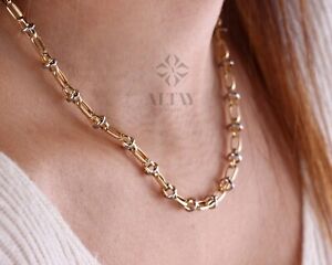 14K Gold Two Tone Chain Necklace, Oval Chain Choker, Rectangle Long Paperclip